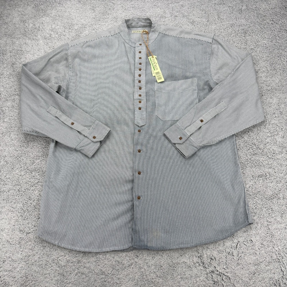 Civilian Irish Grandfather Shirt Mens Medium Blue Striped Pocket Band Collar